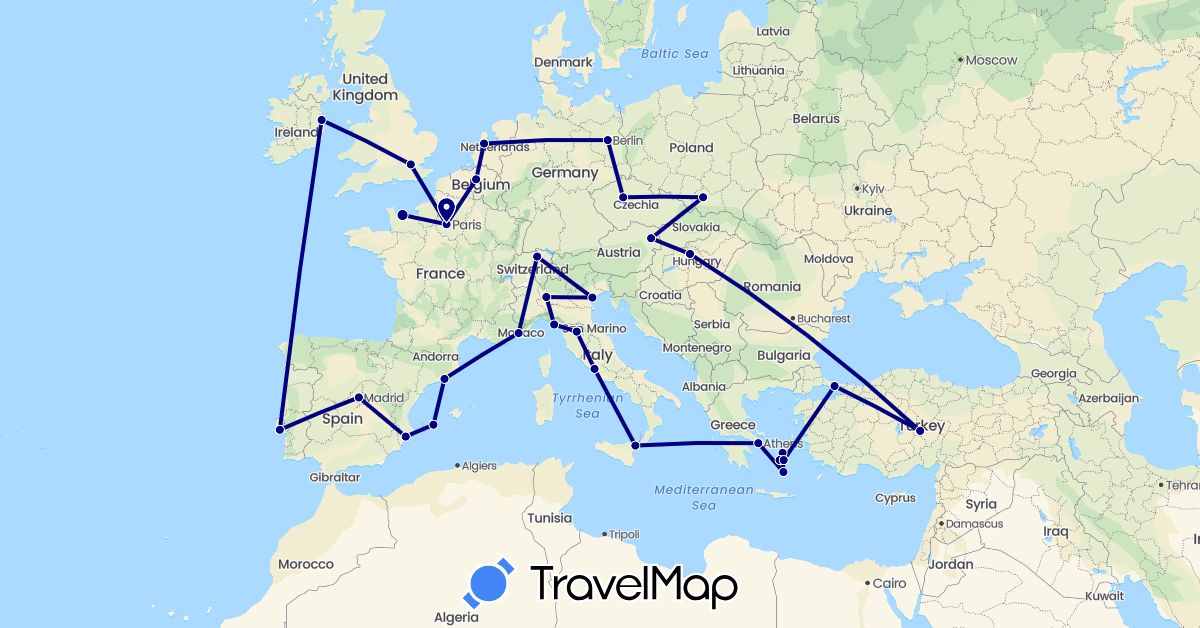 TravelMap itinerary: driving in Austria, Belgium, Switzerland, Czech Republic, Germany, Spain, France, United Kingdom, Greece, Hungary, Ireland, Italy, Netherlands, Poland, Portugal, Turkey (Asia, Europe)